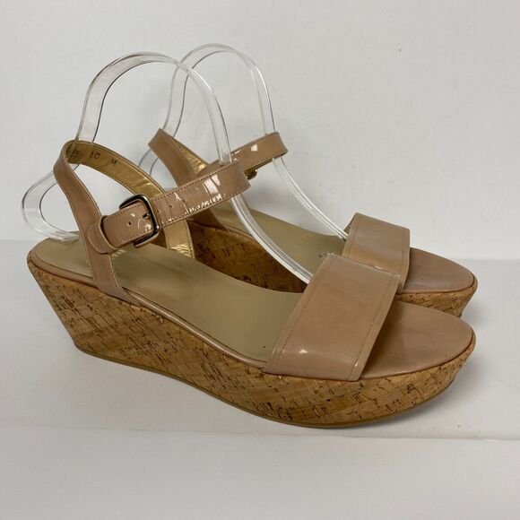 Stuart Weitzman Shoes - Stuart Weitzman Sandals Womens 10 Beige Cork Platform Wedge Slingback Patent